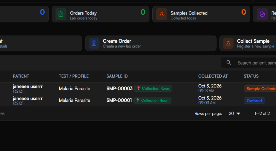 DycoLIS laboratory information system dashboard showing lab orders and sample tracking